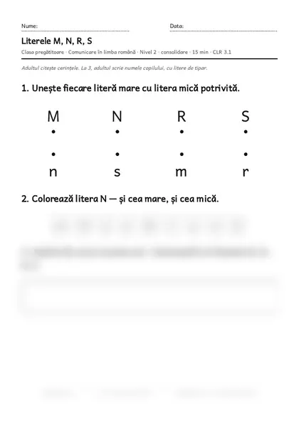 Prima pagină a fișei „Literele M, N, R, S”, clasa pregătitoare, nivelul 2