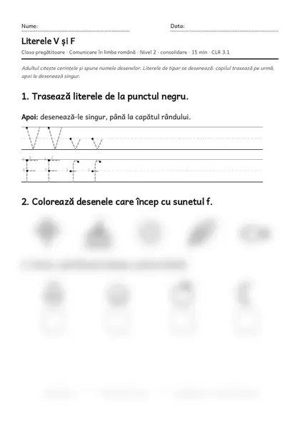 Prima pagină a fișei „Literele V și F”, clasa pregătitoare, nivelul 2
