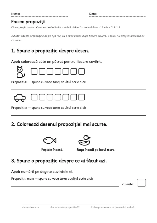 Prima pagină a fișei „Facem propoziții”, clasa pregătitoare, nivelul 2