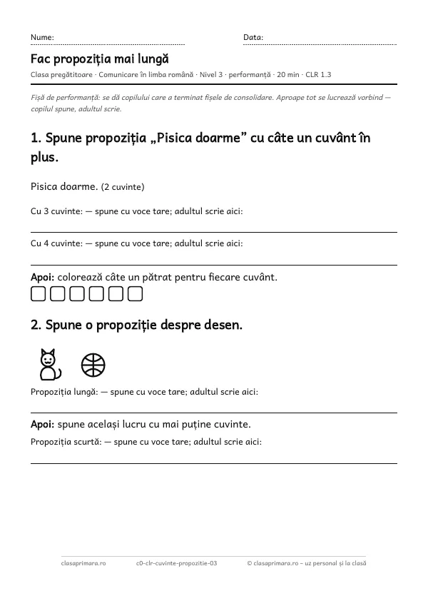 Prima pagină a fișei „Fac propoziția mai lungă”, clasa pregătitoare, nivelul 3
