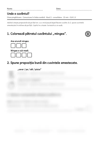 Prima pagină a fișei „Unde e cuvântul?”, clasa pregătitoare, nivelul 2