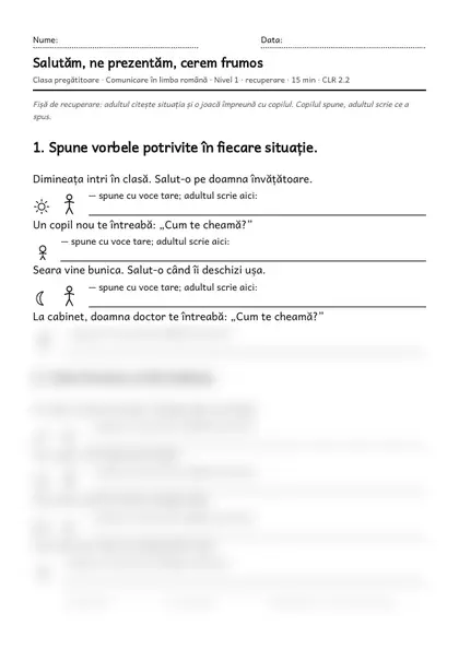 Prima pagină a fișei „Salutăm, ne prezentăm, cerem frumos”, clasa pregătitoare, nivelul 1