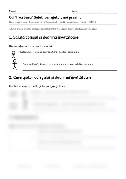 Prima pagină a fișei „Cui îi vorbesc? Salut, cer ajutor, mă prezint”, clasa pregătitoare, nivelul 2