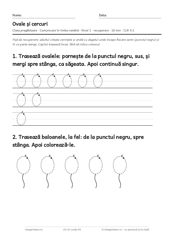 Prima pagină a fișei „Ovale și cercuri”, clasa pregătitoare, nivelul 1