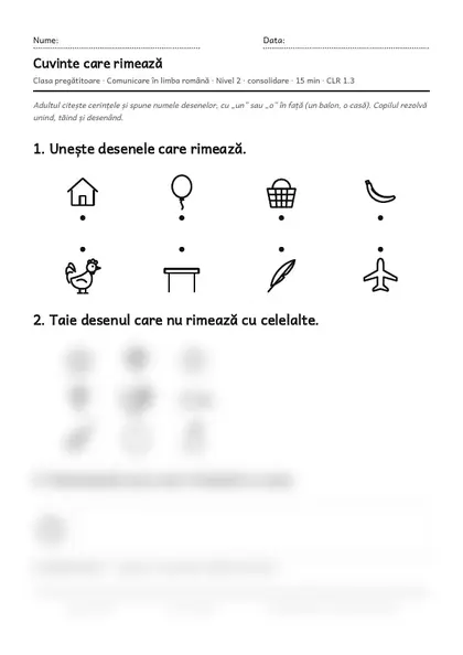 Prima pagină a fișei „Cuvinte care rimează”, clasa pregătitoare, nivelul 2