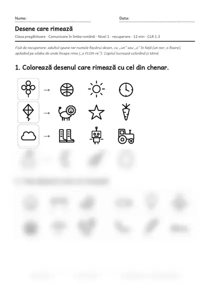 Prima pagină a fișei „Desene care rimează”, clasa pregătitoare, nivelul 1