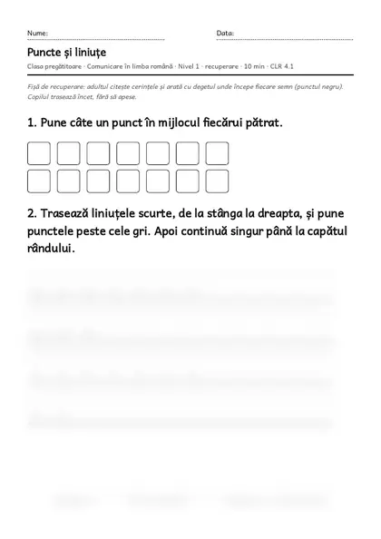 Prima pagină a fișei „Puncte și liniuțe”, clasa pregătitoare, nivelul 1