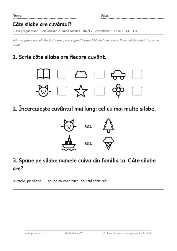 Prima pagină a fișei „Câte silabe are cuvântul?”, clasa pregătitoare, nivelul 2