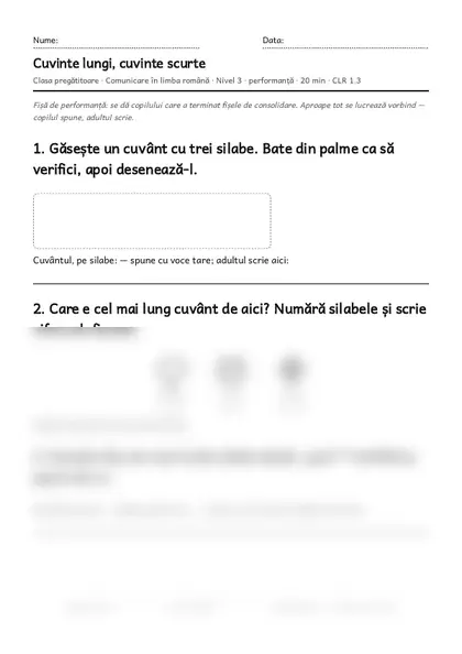 Prima pagină a fișei „Cuvinte lungi, cuvinte scurte”, clasa pregătitoare, nivelul 3