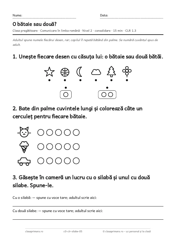 Prima pagină a fișei „O bătaie sau două?”, clasa pregătitoare, nivelul 2