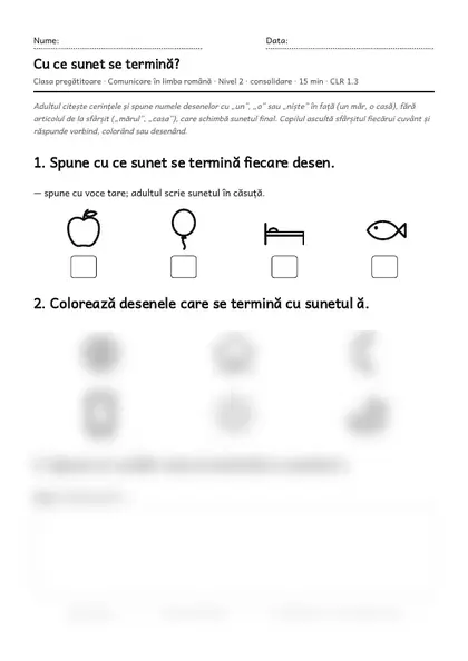 Prima pagină a fișei „Cu ce sunet se termină?”, clasa pregătitoare, nivelul 2