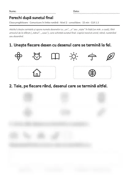 Prima pagină a fișei „Perechi după sunetul final”, clasa pregătitoare, nivelul 2