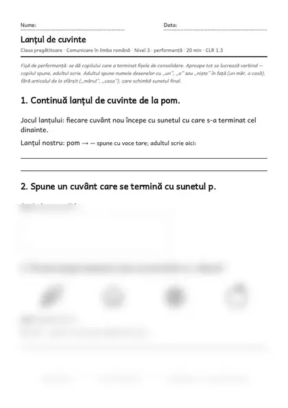 Prima pagină a fișei „Lanțul de cuvinte”, clasa pregătitoare, nivelul 3