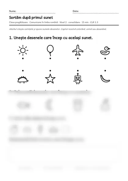 Prima pagină a fișei „Sortăm după primul sunet”, clasa pregătitoare, nivelul 2