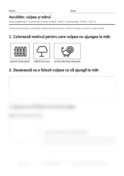 Prima pagină a fișei „Ascultăm: vulpea și mărul”, clasa pregătitoare, nivelul 3