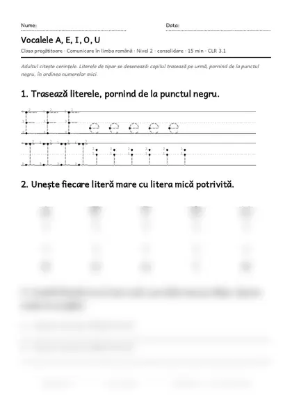 Prima pagină a fișei „Vocalele A, E, I, O, U”, clasa pregătitoare, nivelul 2