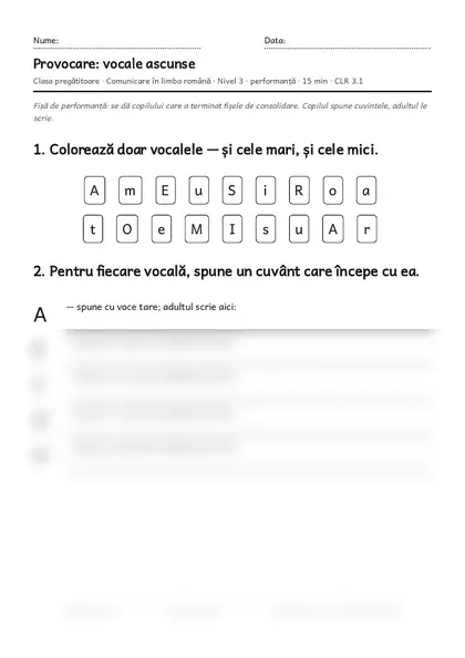 Prima pagină a fișei „Provocare: vocale ascunse”, clasa pregătitoare, nivelul 3