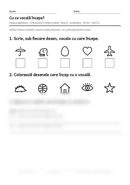 Prima pagină a fișei „Cu ce vocală începe?”, clasa pregătitoare, nivelul 2