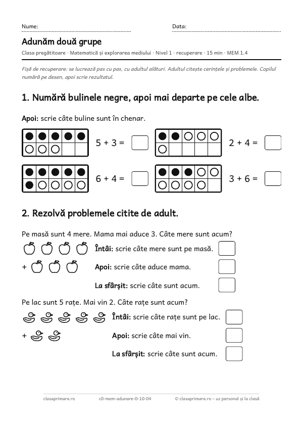Prima pagină a fișei „Adunăm două grupe”, clasa pregătitoare, nivelul 1