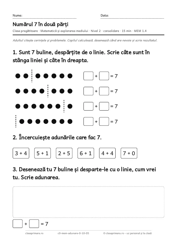 Prima pagină a fișei „Numărul 7 în două părți”, clasa pregătitoare, nivelul 2