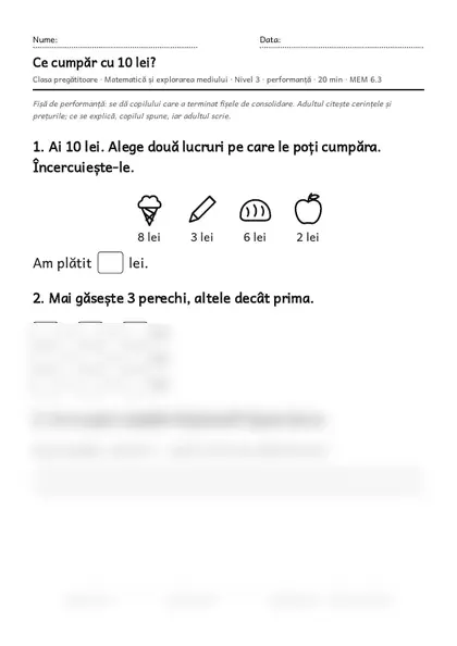 Prima pagină a fișei „Ce cumpăr cu 10 lei?”, clasa pregătitoare, nivelul 3