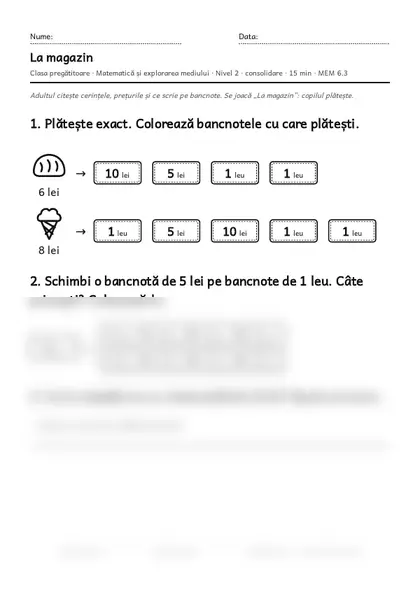 Prima pagină a fișei „La magazin”, clasa pregătitoare, nivelul 2