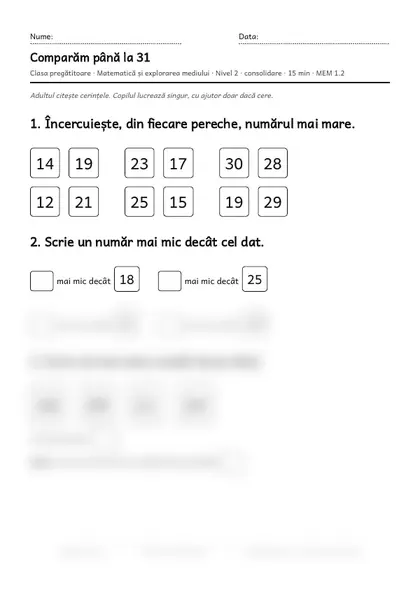 Prima pagină a fișei „Comparăm până la 31”, clasa pregătitoare, nivelul 2