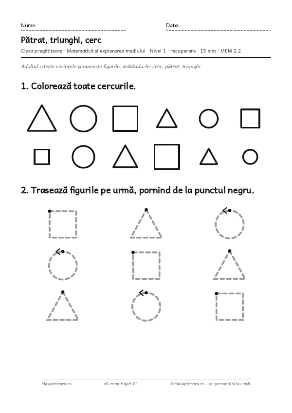 Prima pagină a fișei „Pătrat, triunghi, cerc”, clasa pregătitoare, nivelul 1