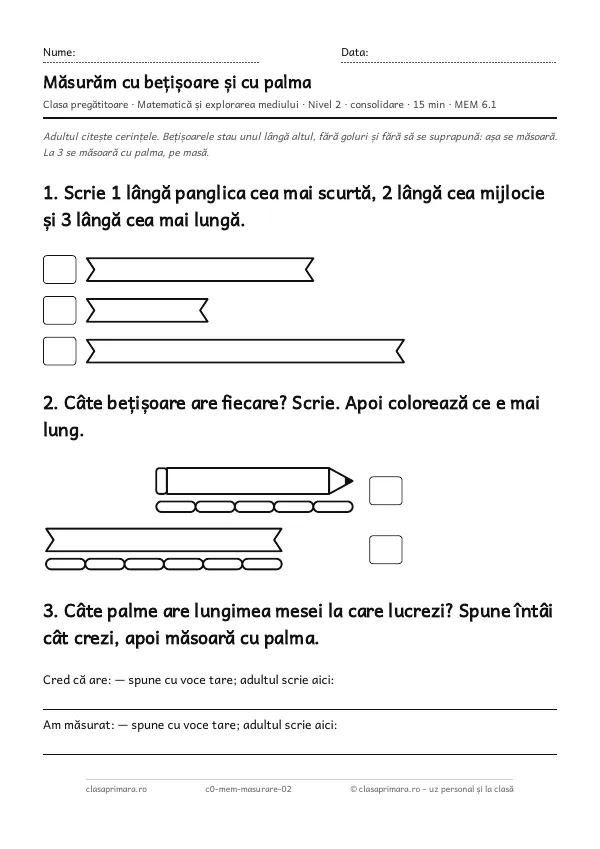Prima pagină a fișei „Măsurăm cu bețișoare și cu palma”, clasa pregătitoare, nivelul 2