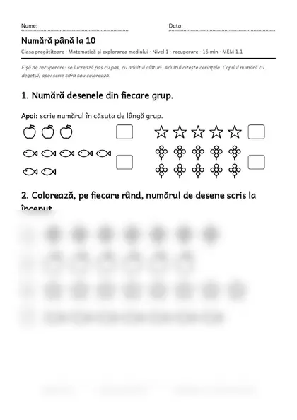 Prima pagină a fișei „Numără până la 10”, clasa pregătitoare, nivelul 1