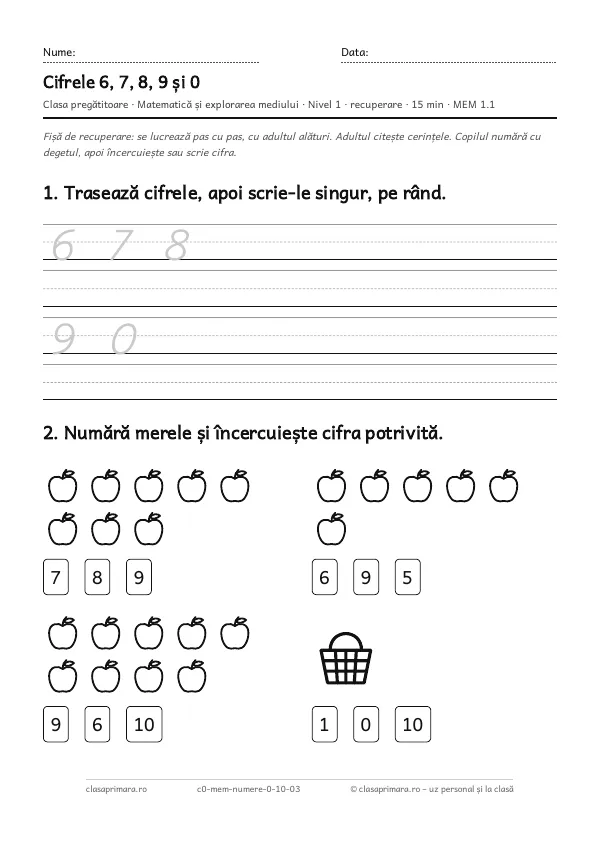 Prima pagină a fișei „Cifrele 6, 7, 8, 9 și 0”, clasa pregătitoare, nivelul 1