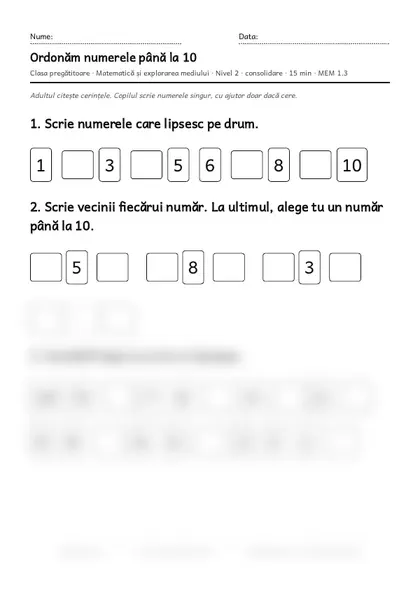 Prima pagină a fișei „Ordonăm numerele până la 10”, clasa pregătitoare, nivelul 2