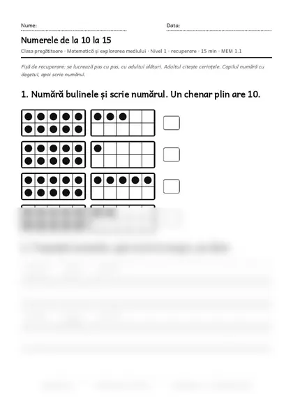 Prima pagină a fișei „Numerele de la 10 la 15”, clasa pregătitoare, nivelul 1