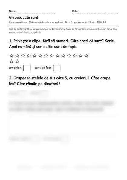 Prima pagină a fișei „Ghicesc câte sunt”, clasa pregătitoare, nivelul 3