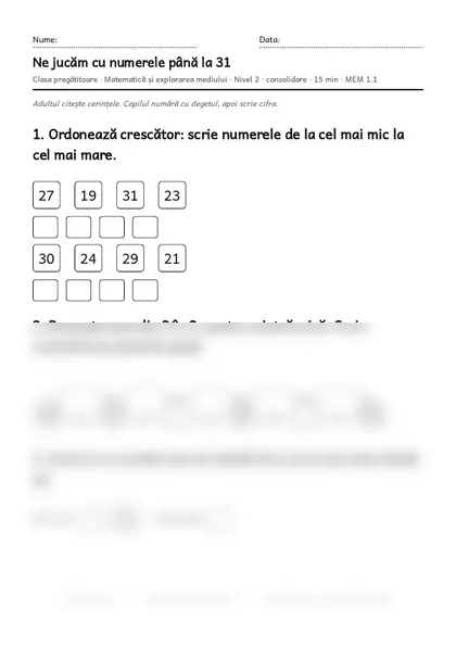 Prima pagină a fișei „Ne jucăm cu numerele până la 31”, clasa pregătitoare, nivelul 2