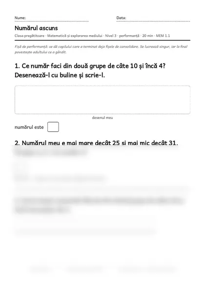 Prima pagină a fișei „Numărul ascuns”, clasa pregătitoare, nivelul 3