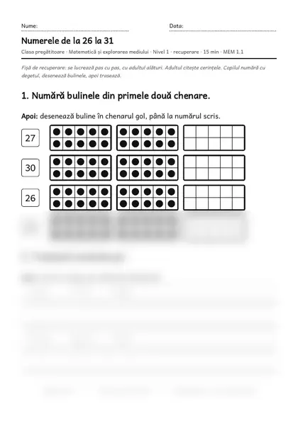 Prima pagină a fișei „Numerele de la 26 la 31”, clasa pregătitoare, nivelul 1