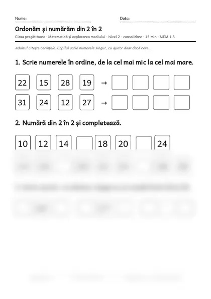 Prima pagină a fișei „Ordonăm și numărăm din 2 în 2”, clasa pregătitoare, nivelul 2