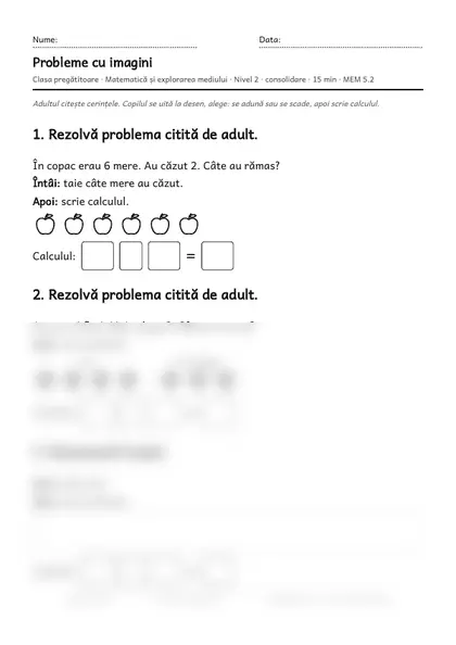 Prima pagină a fișei „Probleme cu imagini”, clasa pregătitoare, nivelul 2