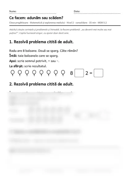 Prima pagină a fișei „Ce facem: adunăm sau scădem?”, clasa pregătitoare, nivelul 2