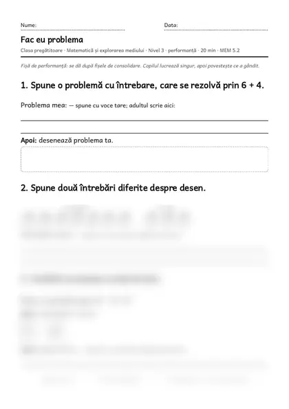 Prima pagină a fișei „Fac eu problema”, clasa pregătitoare, nivelul 3