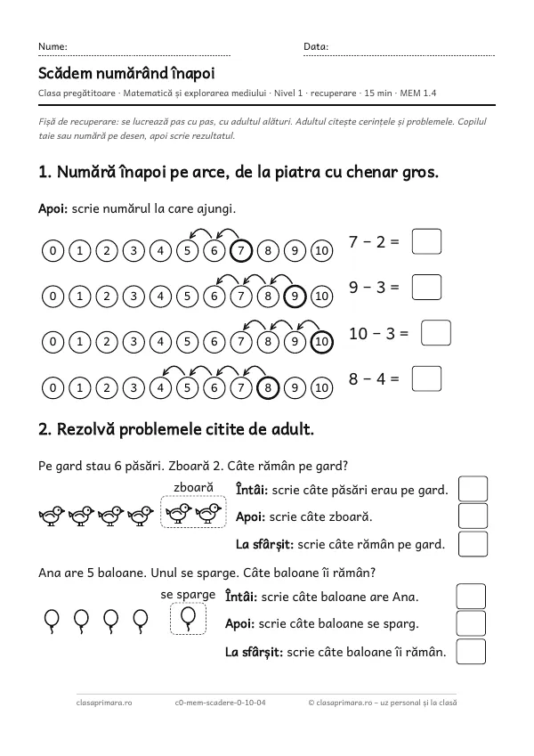 Prima pagină a fișei „Scădem numărând înapoi”, clasa pregătitoare, nivelul 1