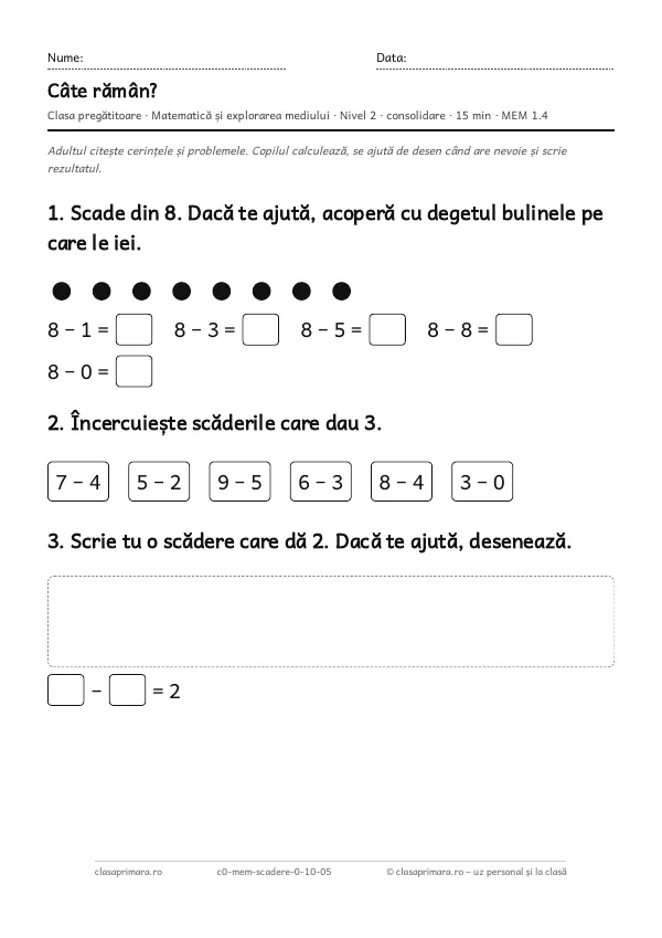 Prima pagină a fișei „Câte rămân?”, clasa pregătitoare, nivelul 2