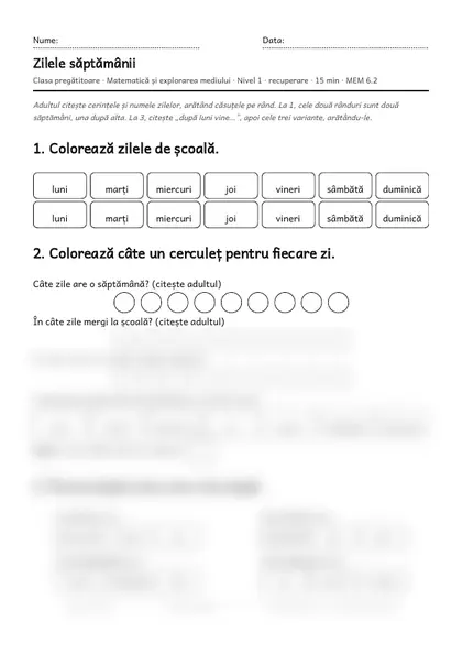 Prima pagină a fișei „Zilele săptămânii”, clasa pregătitoare, nivelul 1