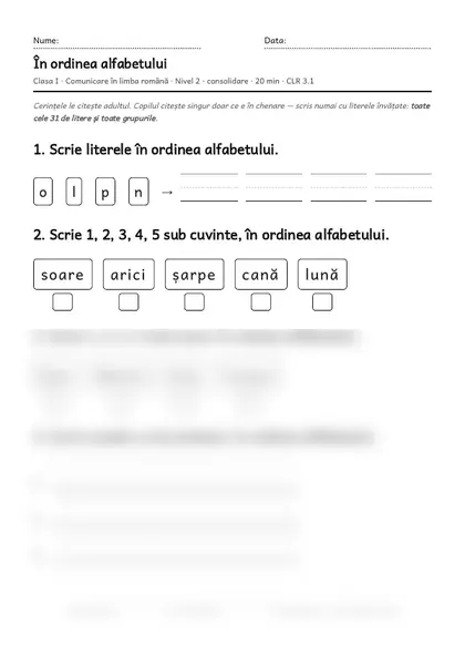 Prima pagină a fișei „În ordinea alfabetului”, clasa I, nivelul 2