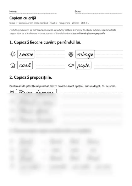 Prima pagină a fișei „Copiem cu grijă”, clasa I, nivelul 1