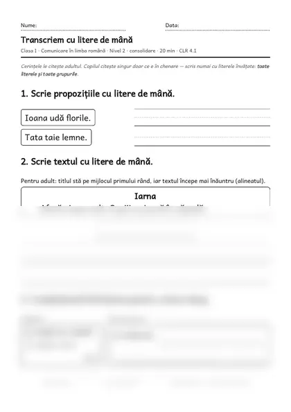 Prima pagină a fișei „Transcriem cu litere de mână”, clasa I, nivelul 2