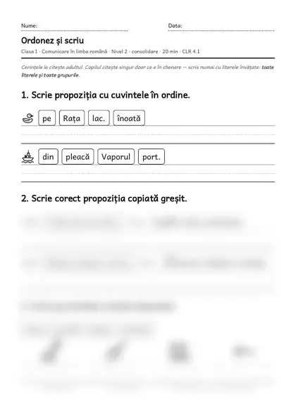 Prima pagină a fișei „Ordonez și scriu”, clasa I, nivelul 2
