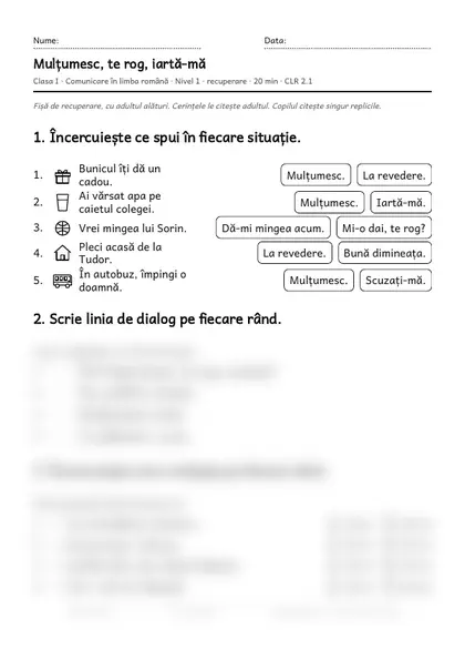 Prima pagină a fișei „Mulțumesc, te rog, iartă-mă”, clasa I, nivelul 1
