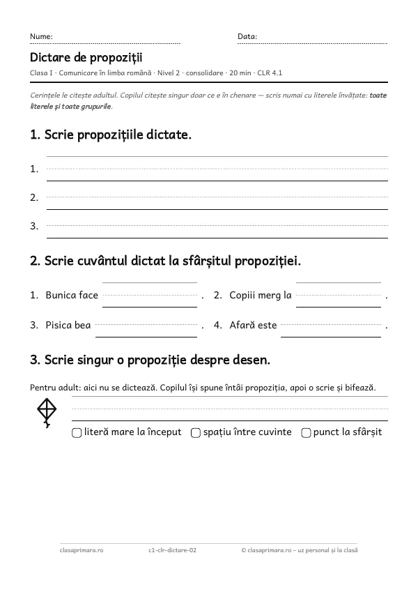 Prima pagină a fișei „Dictare de propoziții”, clasa I, nivelul 2